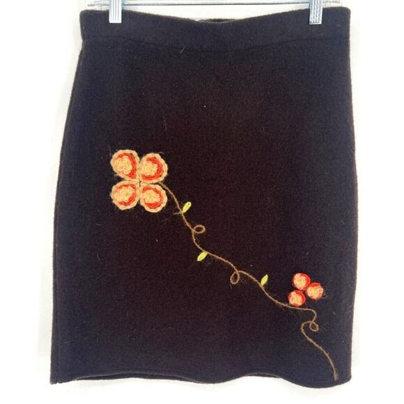 Willi Smith Pencil Skirt Womens Size 8 Brown Wool Floral Embroidery Dressy Boho - Picture 1 of 6